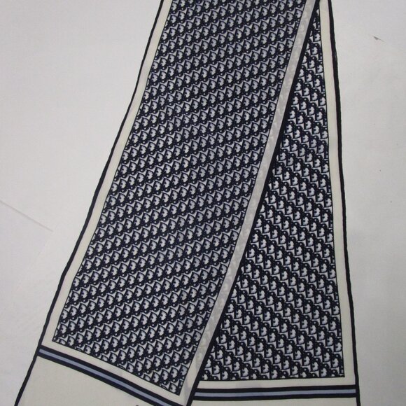 2 Silk Scarfs Logo Navy Oblong Rolled Hem French Designer - Picture 8 of 16